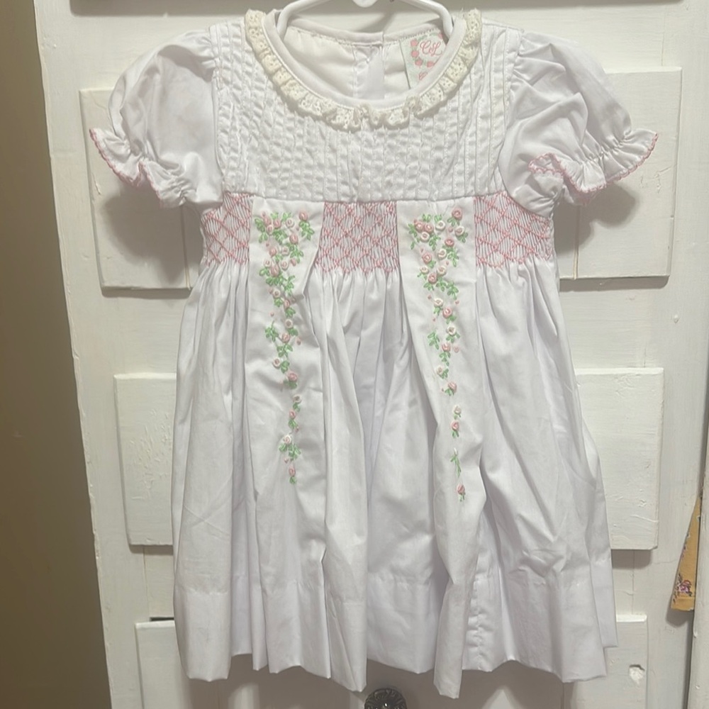 Cecil and Lou Smocked Dress with delicate Pink and Green floral embroidery